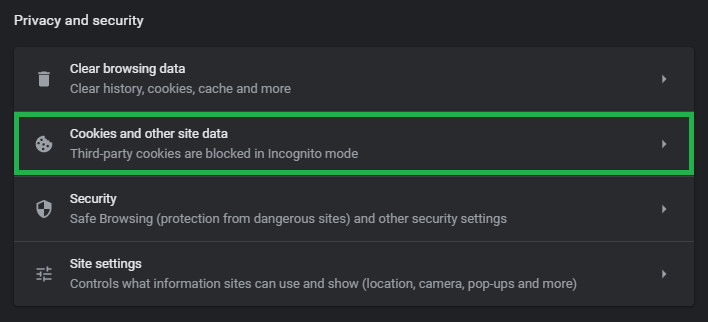 Cookies and other site data